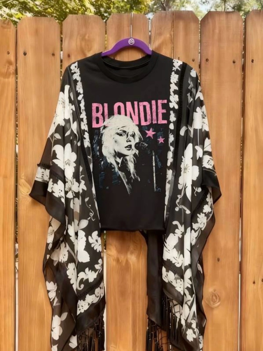 Blondie Graphic Tee with Floral Sheer Kimono Sleeves